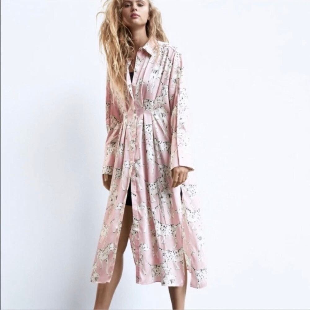 ZARA Pink Dalmatian Dog Print Satin Maxi Shirt Dress